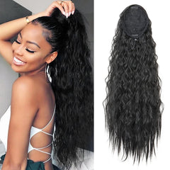 Rabo de Cavalo Sintético Longo – Cabelo Encaracolado Afro Preto para Mulheres