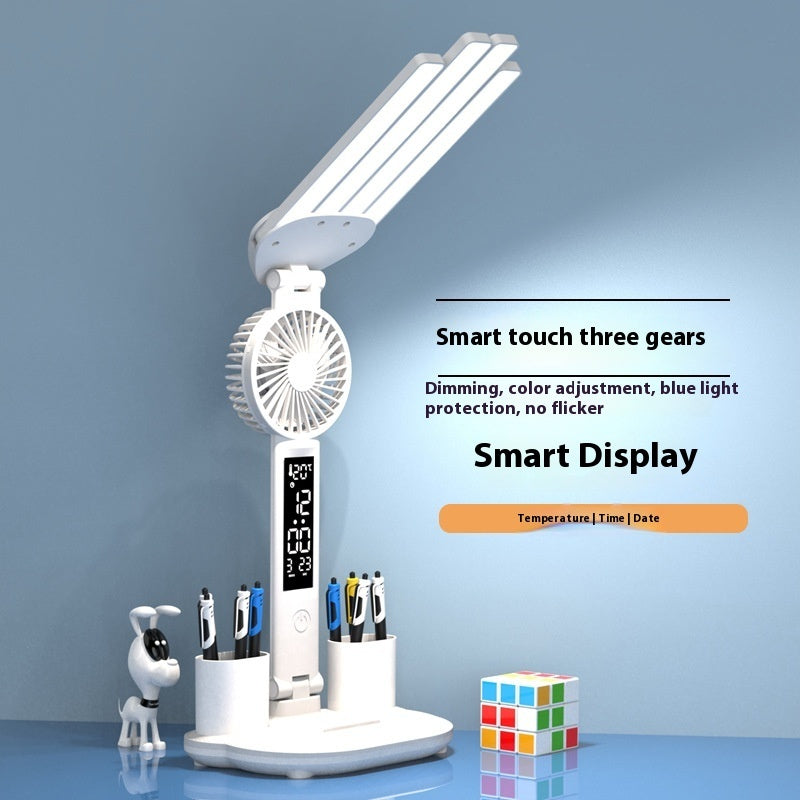 Candeeiro LED Dobrável 3 em 1 – com Ventoinha e Relógio