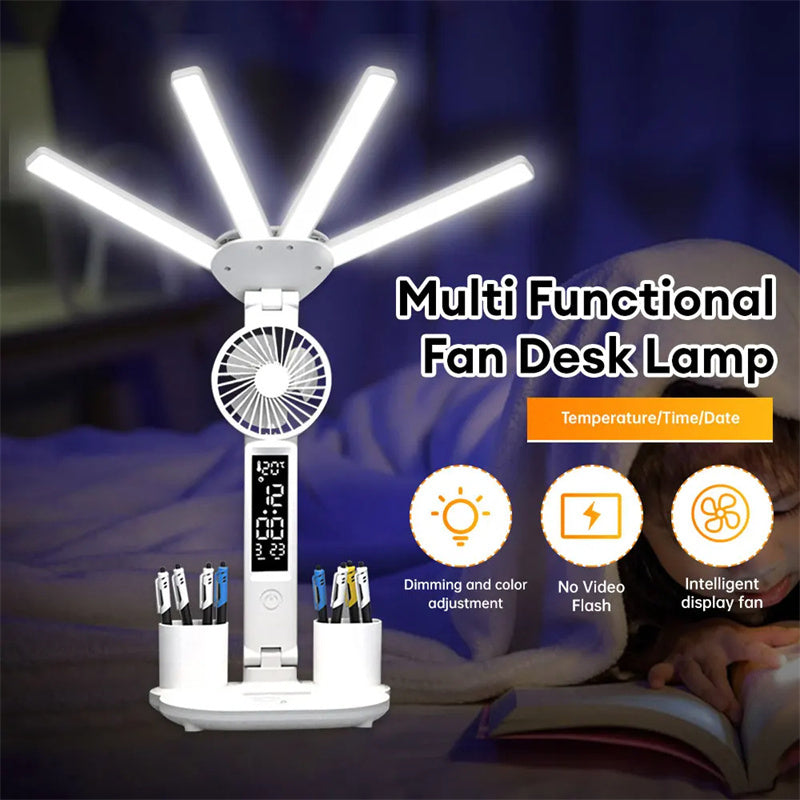 Candeeiro LED Dobrável 3 em 1 – com Ventoinha e Relógio