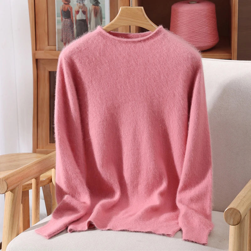 Pull Mulher Outono/Inverno – 100% Cachemire Mink Gola Redonda