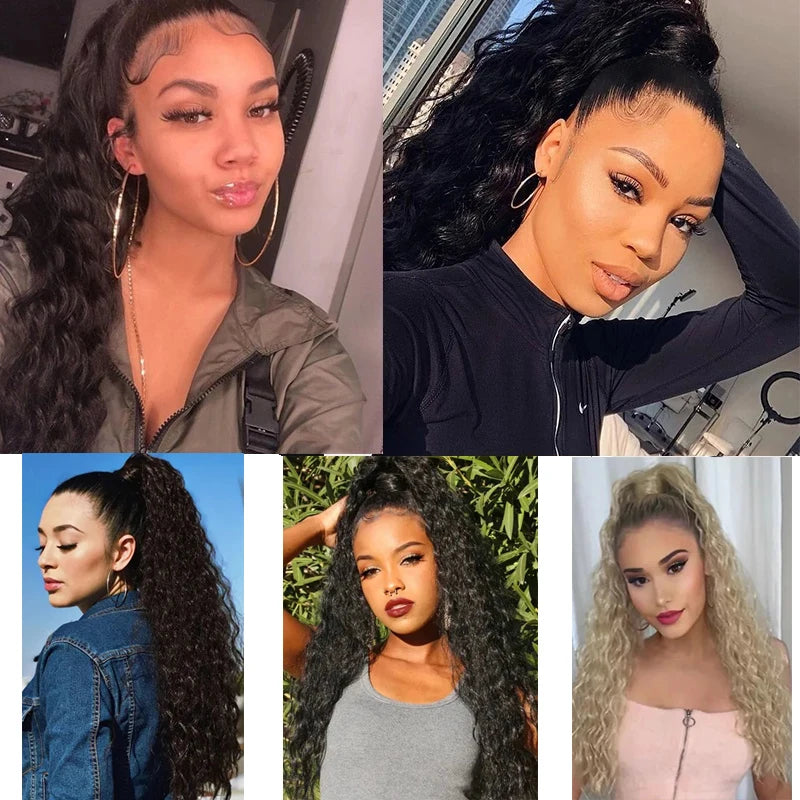 Rabo de Cavalo Sintético Longo – Cabelo Encaracolado Afro Preto para Mulheres