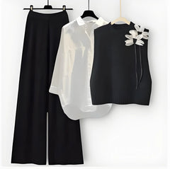 Conjunto de 3 peças para mulher elegante – camisola, cardigan com nó e calças pantalona