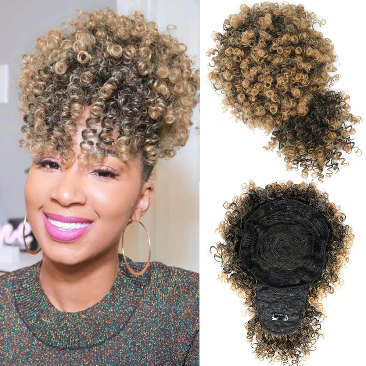 Extensão Rabo de Cavalo Afro Encaracolado Preto com Franja e Cordão