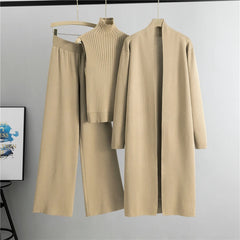 Conjunto de malha de 3 peças para menina – Cardigan, Camisola e Calça Elegante de Pernas Largas