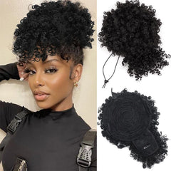 Extensão Rabo de Cavalo Afro Encaracolado Preto com Franja e Cordão