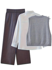 Conjunto de 3 peças para mulher elegante – camisola, cardigan com nó e calças pantalona