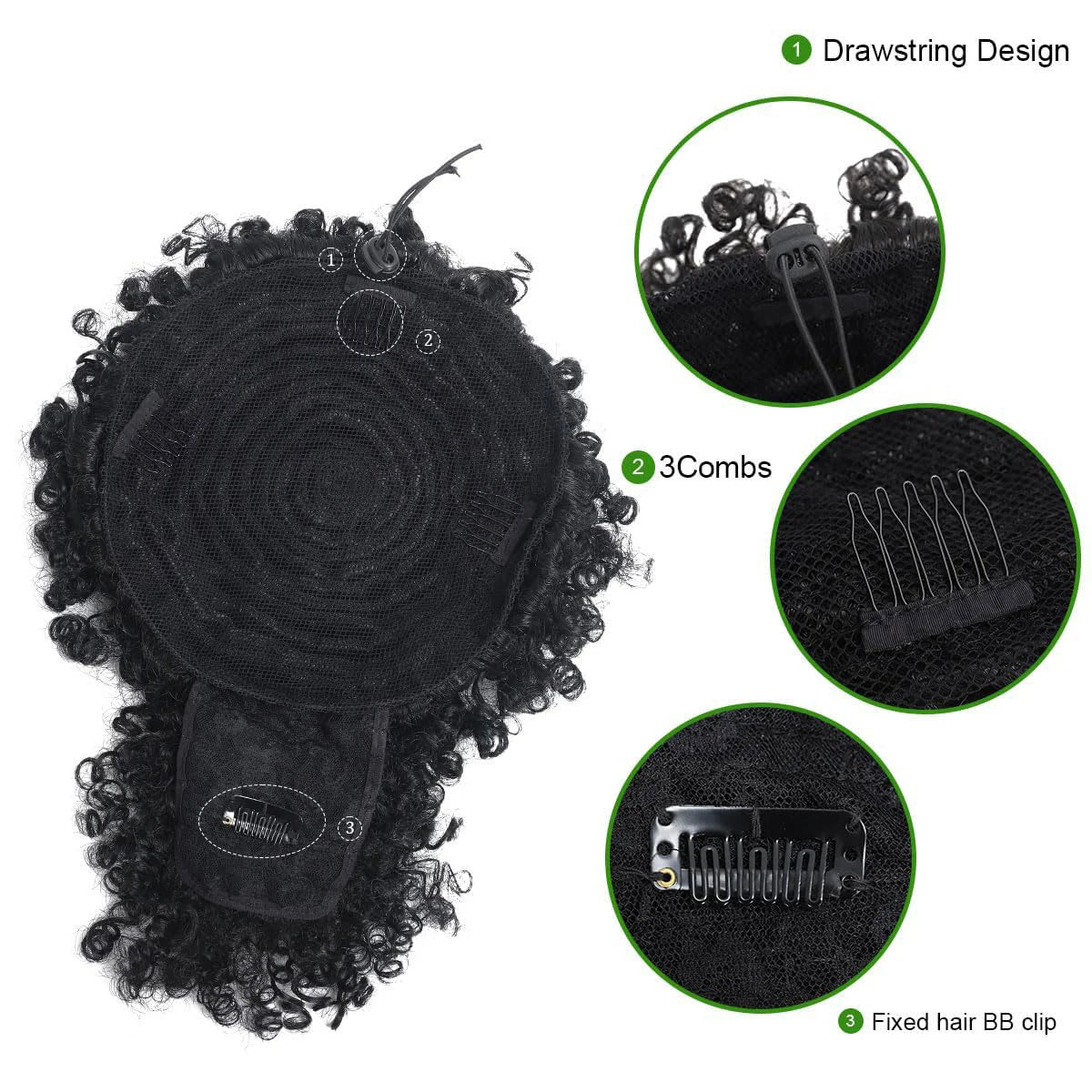 Extensão Rabo de Cavalo Afro Encaracolado Preto com Franja e Cordão