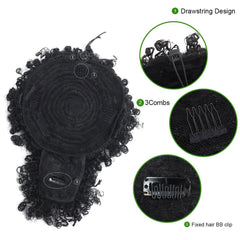 Extensão Rabo de Cavalo Afro Encaracolado Preto com Franja e Cordão