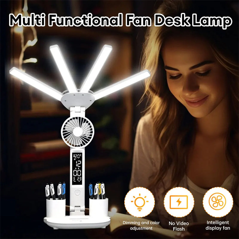Candeeiro LED Dobrável 3 em 1 – com Ventoinha e Relógio
